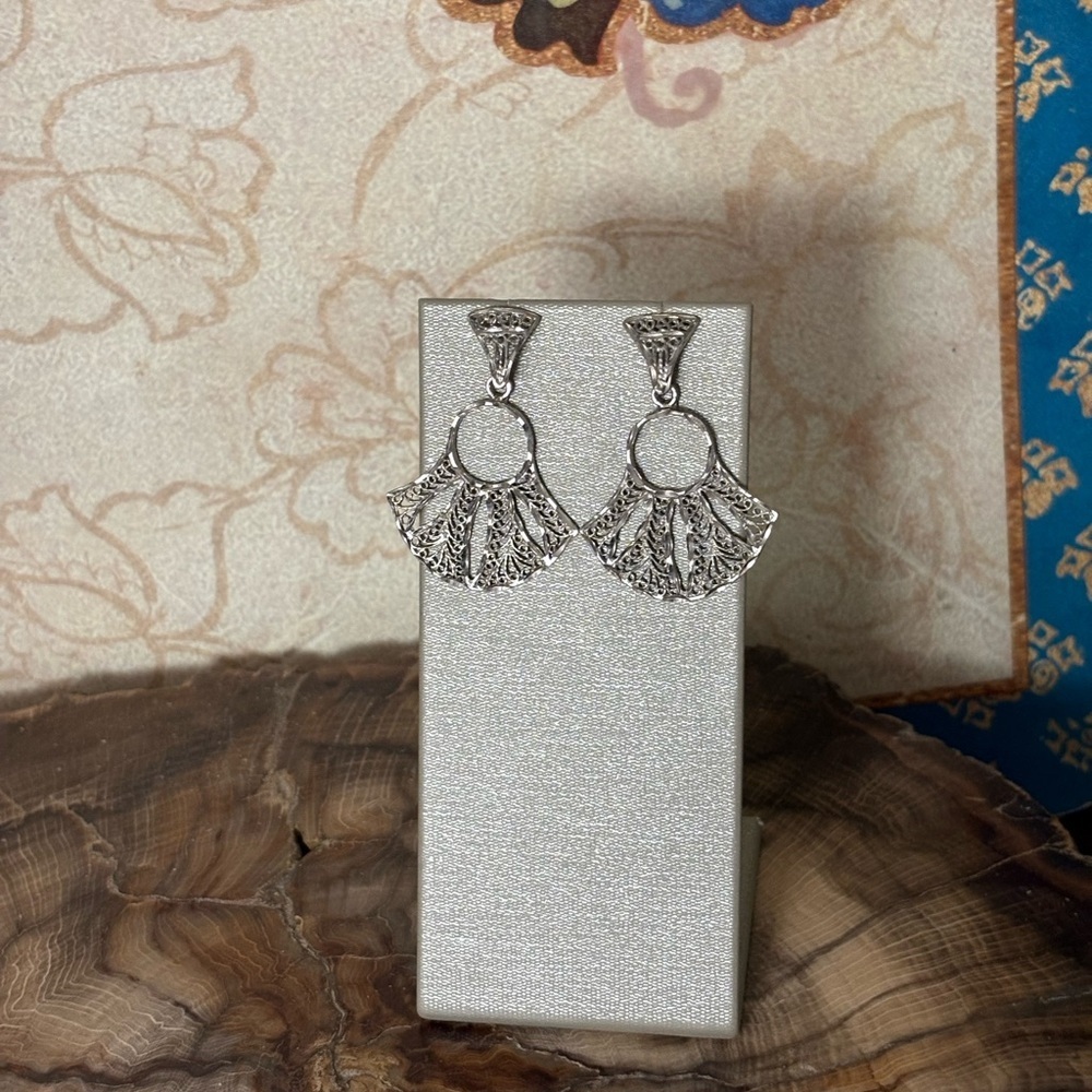Intricate Sterling Silver Filigree Fan Drop Earrings